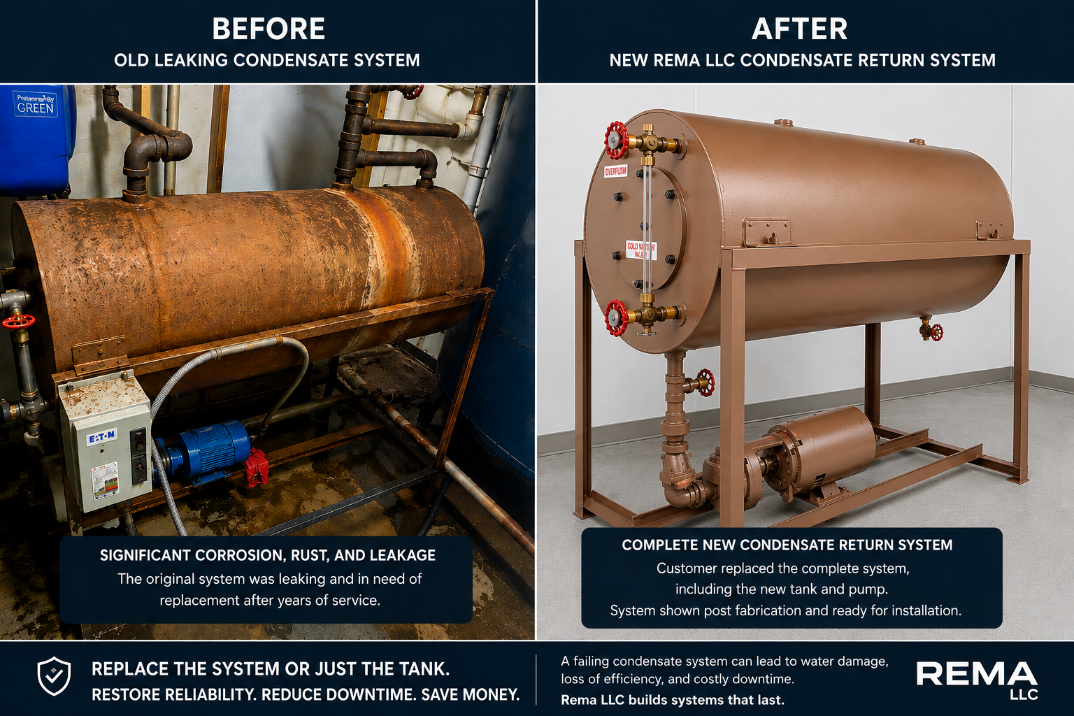 Before and after condensate return system replacement showing a severely corroded leaking system and a new Rema LLC replacement system
