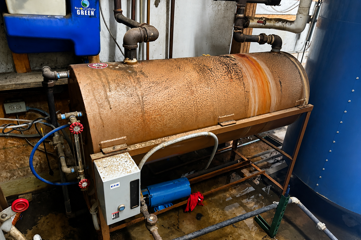 Leaking condensate return tank with severe corrosion requiring replacement
